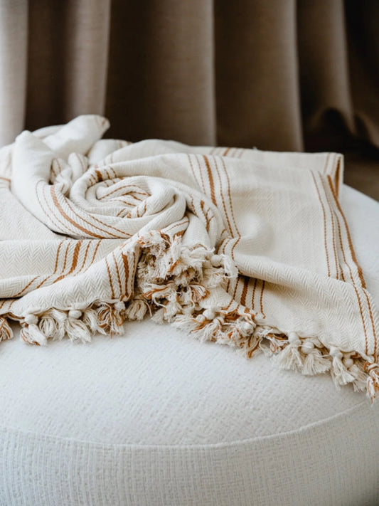 Bedspread - Herringbone Bedspread | Cream with Mustard Stripes