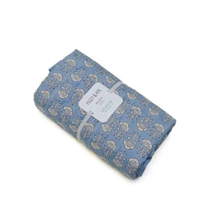 Courtepointe réversible pour bébé | Motif floral bleu ancien