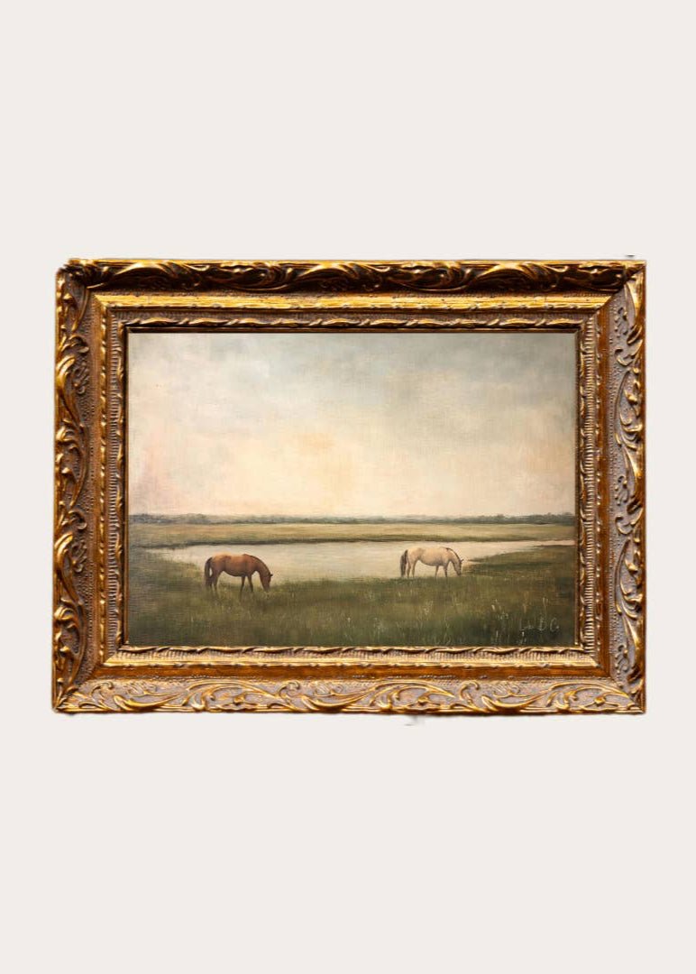 Tableau encadré en métal doré de style français | Chevaux au pâturage