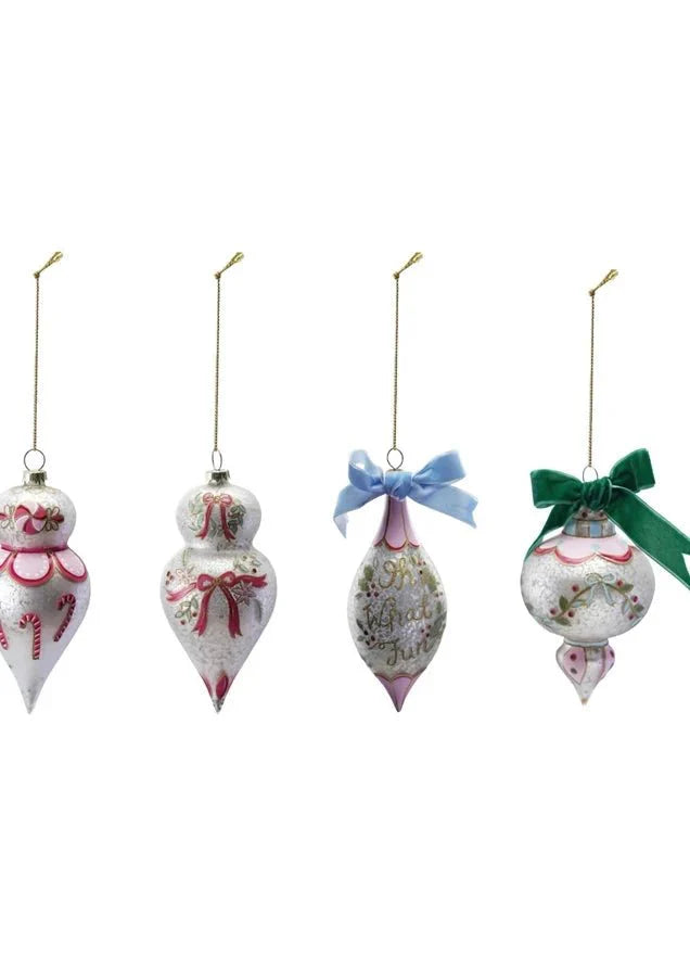 Ornement en verre peint à la main avec nœud en velours | Finition antique