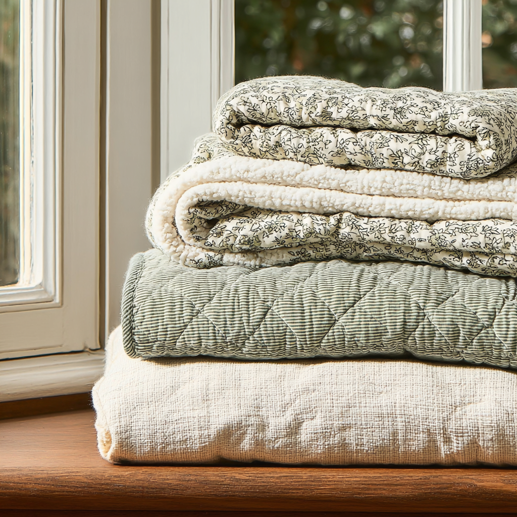 Quilt en coton matelassé| Rayé blanc et vert sauge