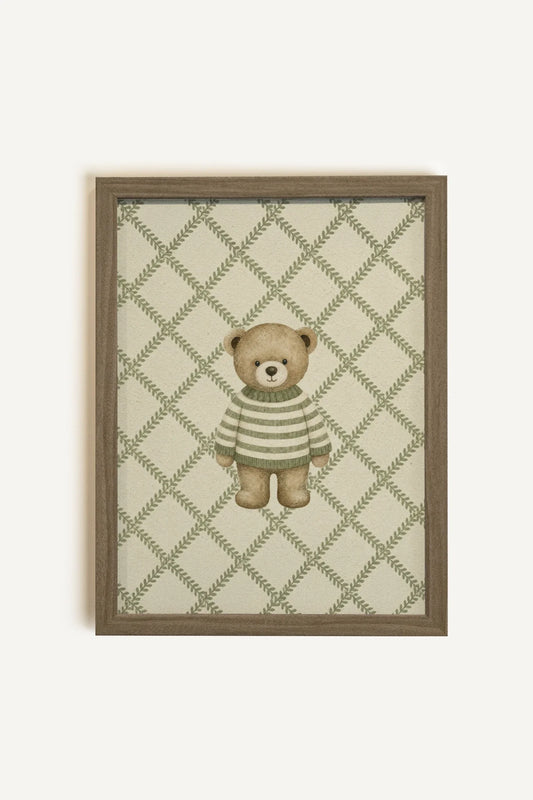 OURSON TRICOT, Oeuvre sur toile rigide, encadré brun chêne
