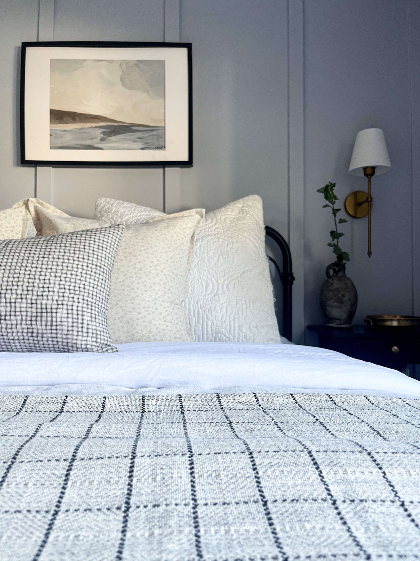 Jeté de lit - Plaid couvre-lit à carreaux | Tons gris et beige