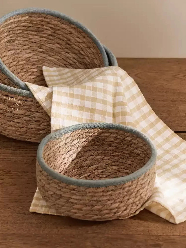 Paniers de rangement en herbe de mer | Bordure bleu-gris pâle