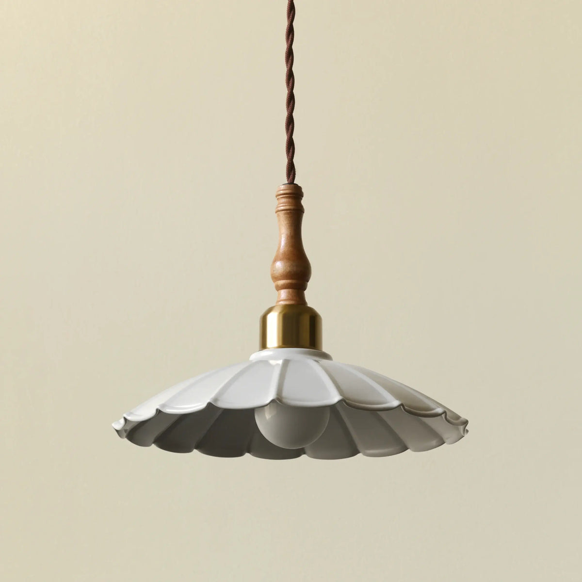 Vintage Pauline Scalloped Brass and Wood Pendant Light