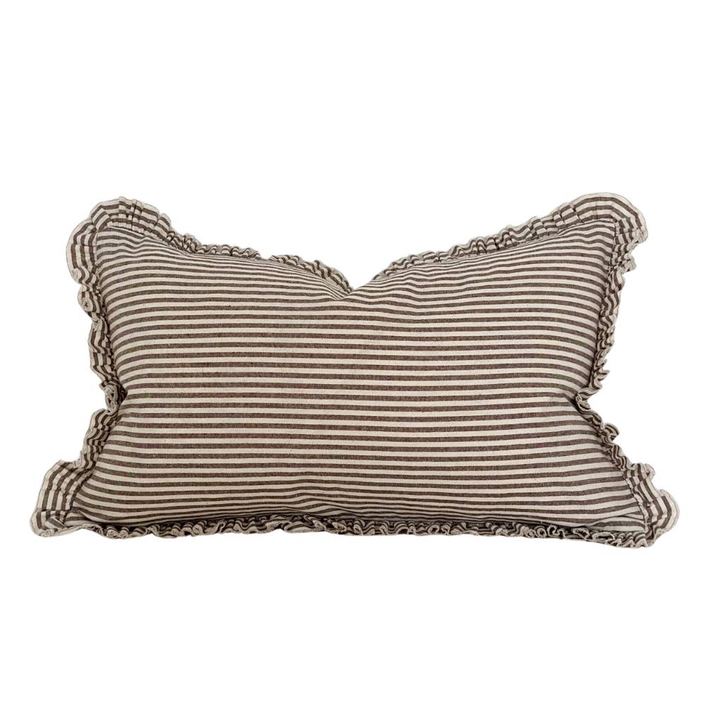 Housse de coussin Isabeau à volants en coton | Rayure marron foncé