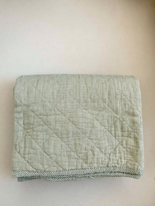 Quilt en coton matelassé| Rayé blanc et vert sauge