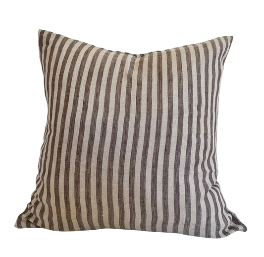 Housse de coussin Alba  |  100% lin rayé brun foncé