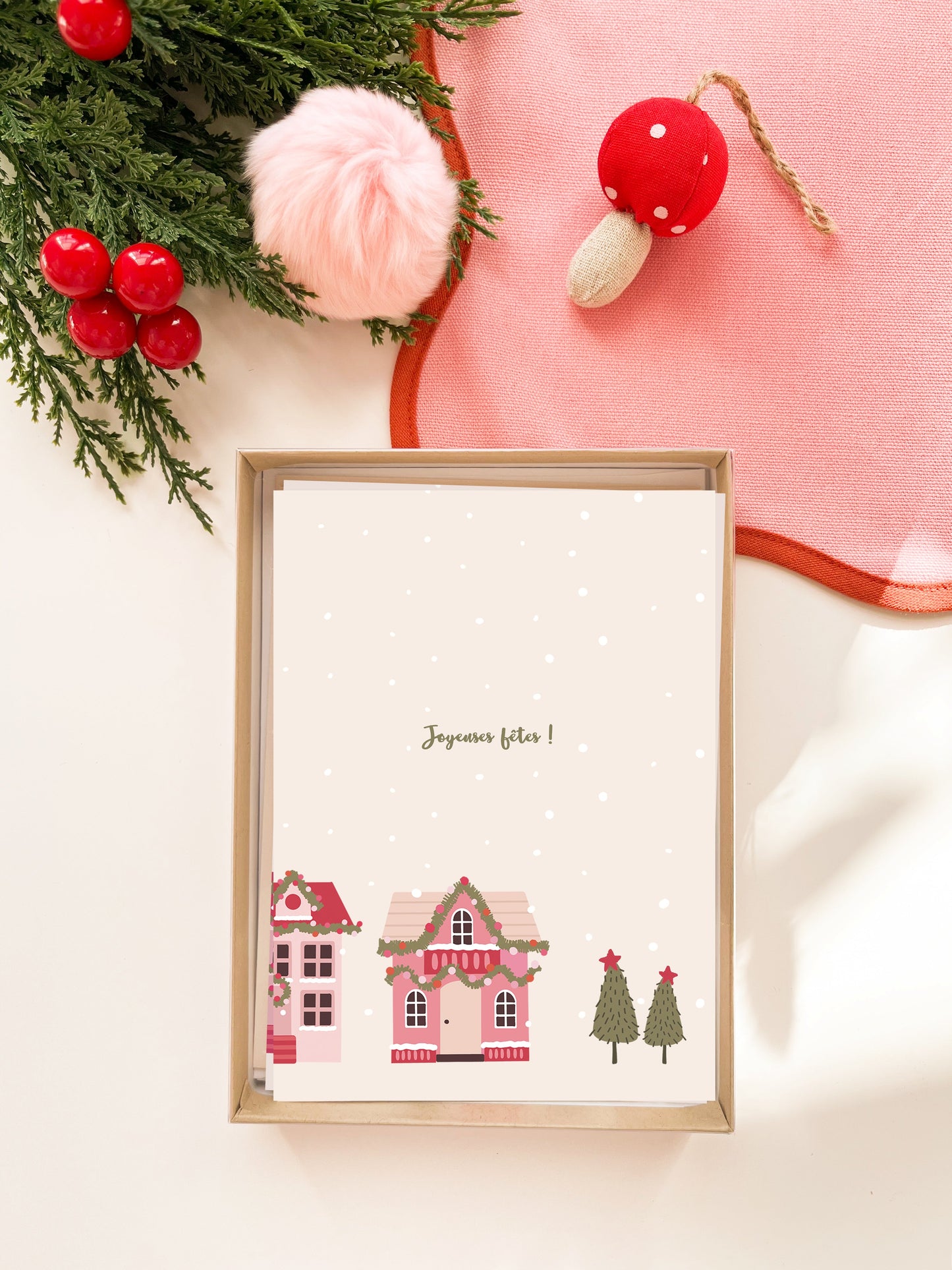 Coffret de 6 cartes de Noël pliées - Village de Noël