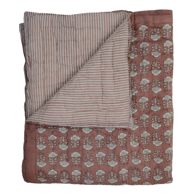 Courtepointe réversible pour bébé | Motif floral Framboise-tan