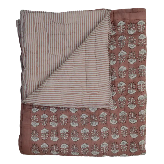 Courtepointe réversible pour bébé | Motif floral Framboise-tan