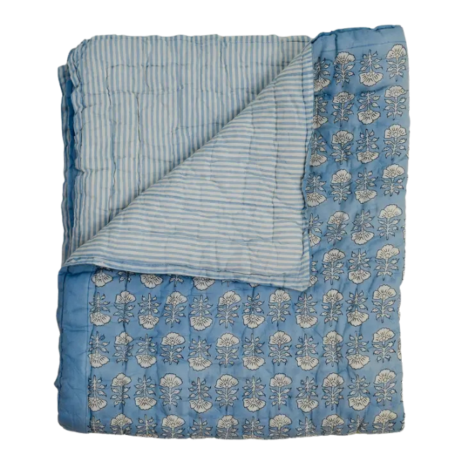 Courtepointe réversible pour bébé | Motif floral bleu ancien