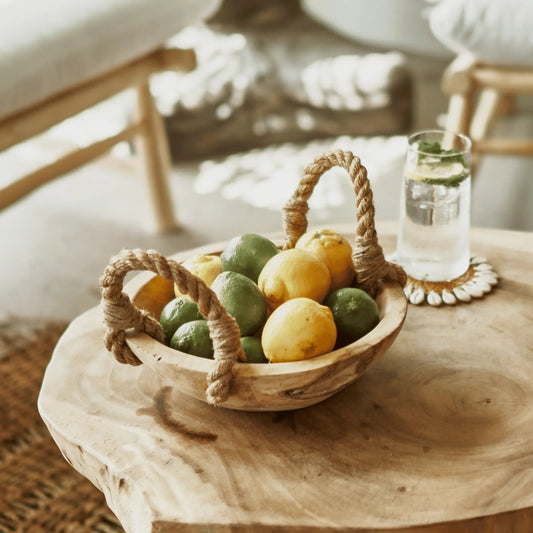 Rustic teak bowl and jute handles