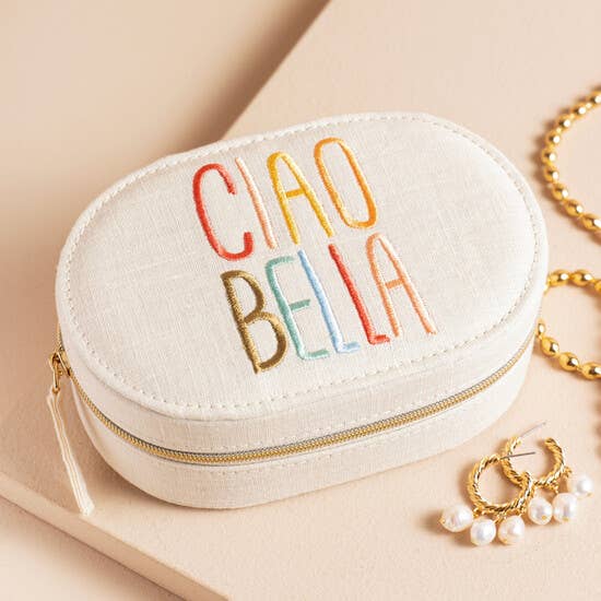 Étui à bijoux de voyage ovale brodé « Ciao Bella »