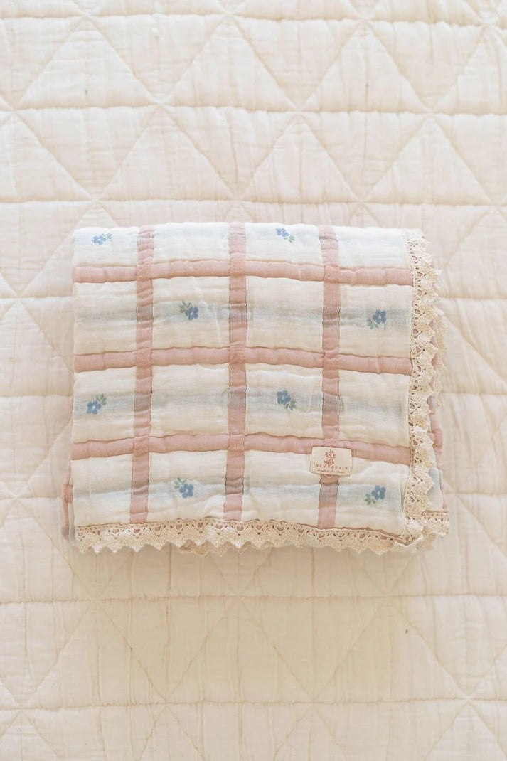 Quilt couverture Prairies | Rose poudré et bleu doux