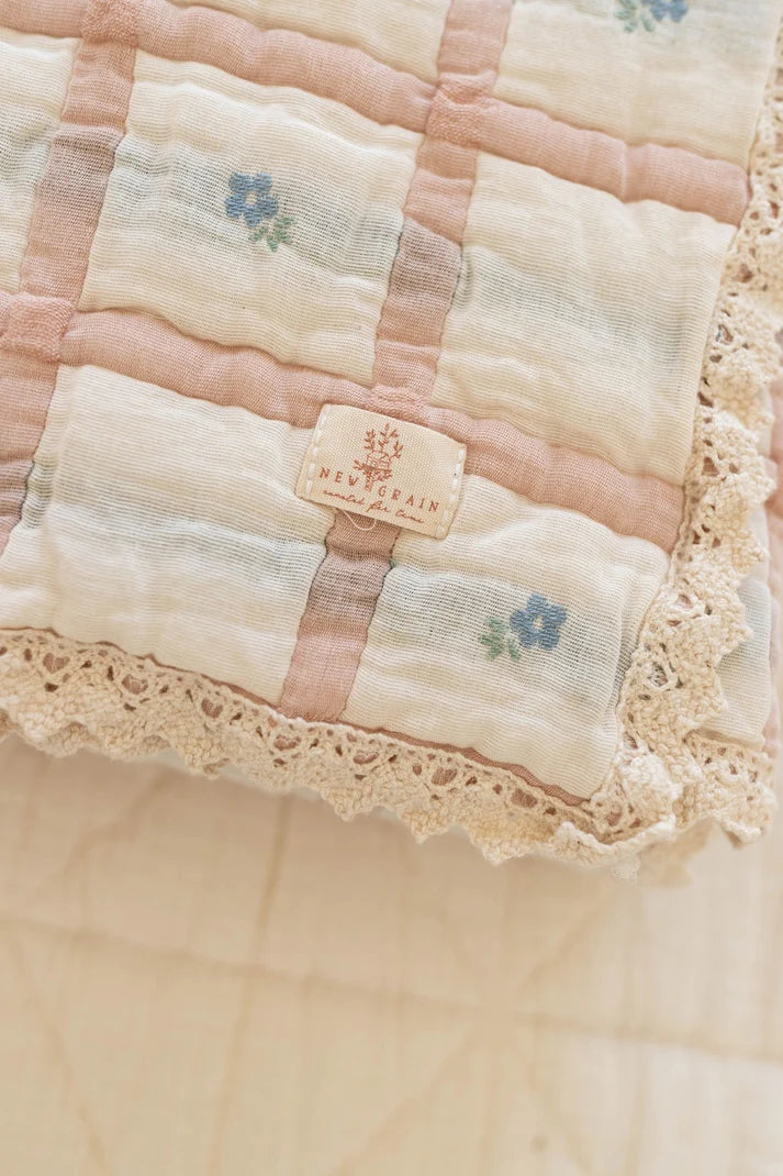 Quilt couverture Prairies | Rose poudré et bleu doux