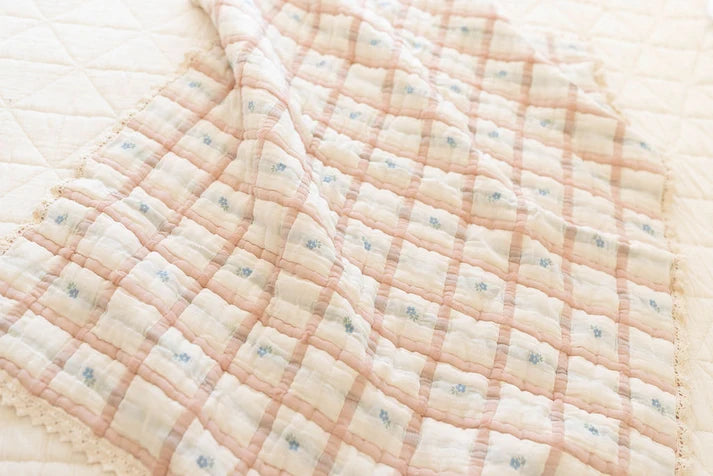 Quilt couverture Prairies | Rose poudré et bleu doux