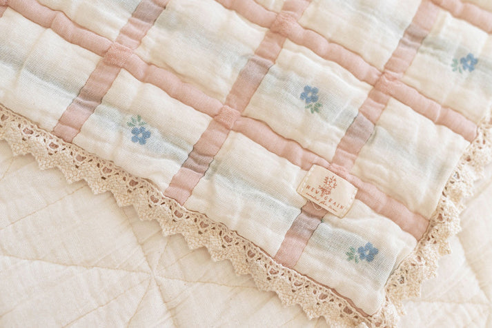 Quilt couverture Prairies | Rose poudré et bleu doux
