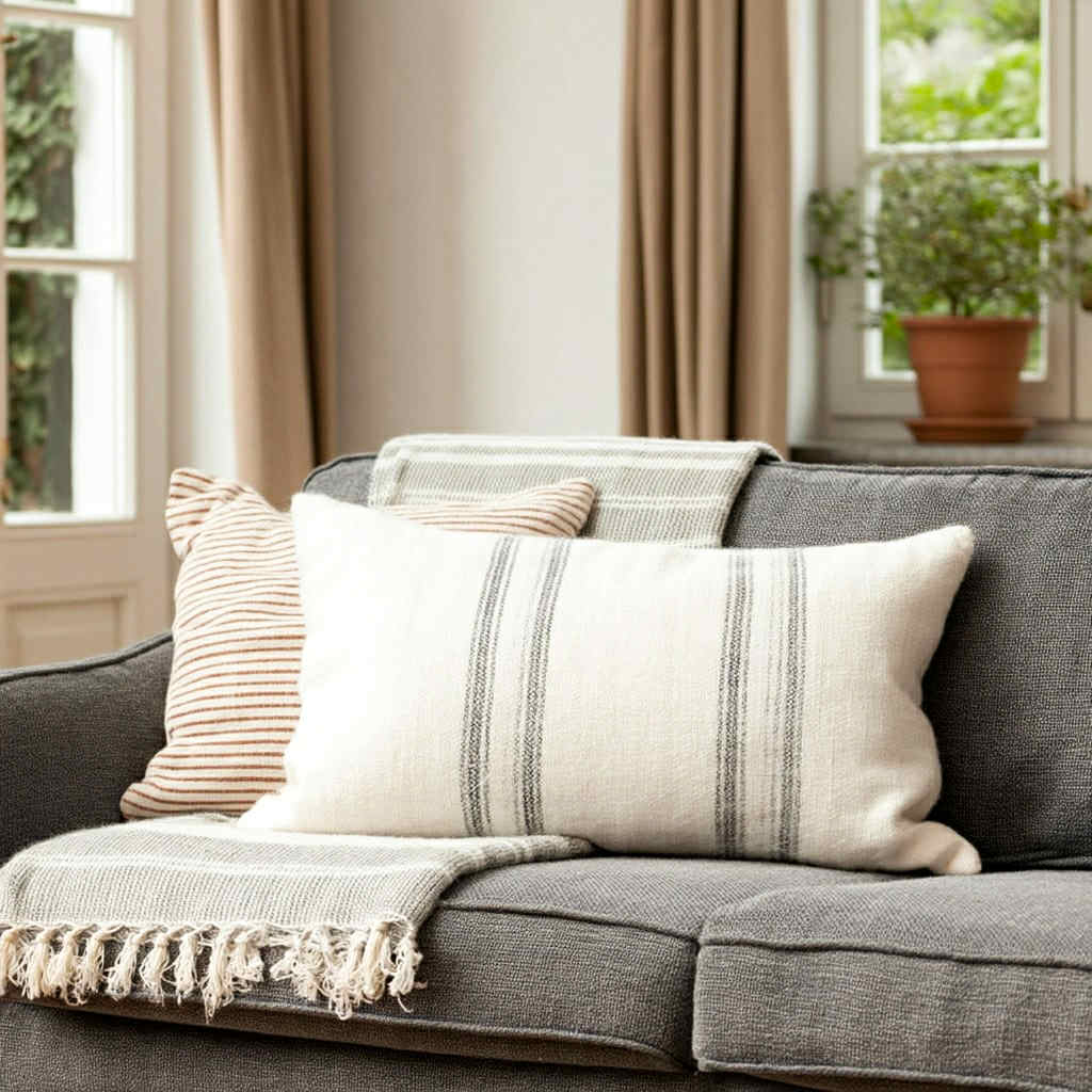 Jeté de lit - Plaid couvre-lit |  Rayures sable et crème