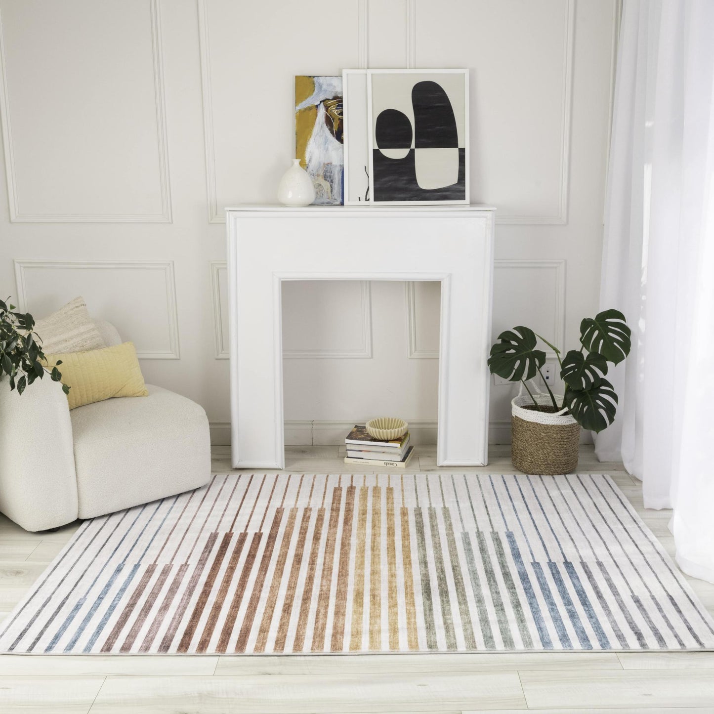Tapis blanc abstrait à rayures colorées et arc-en-ciel | Eclipse