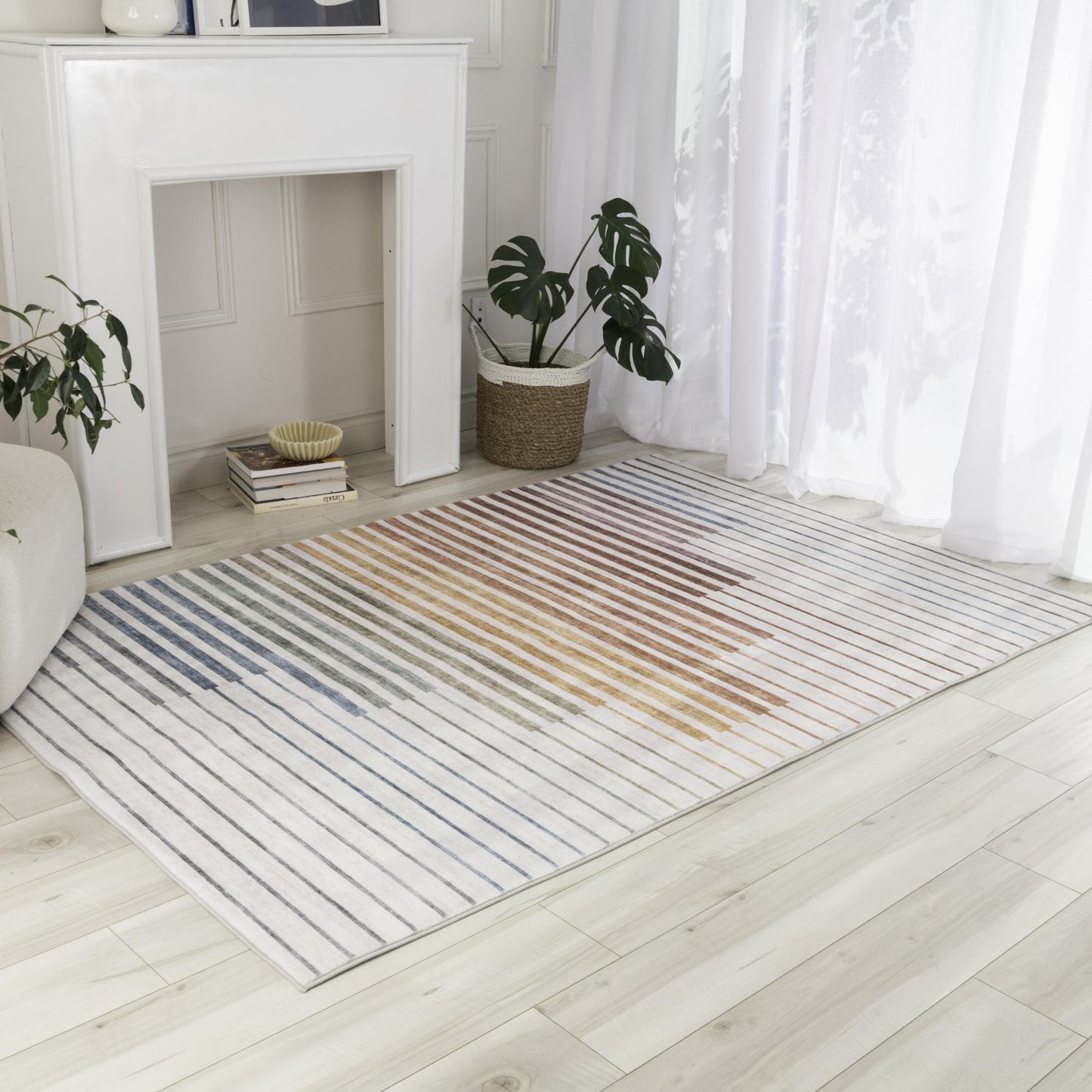 Tapis blanc abstrait à rayures colorées et arc-en-ciel | Eclipse