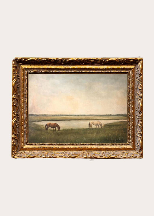 Tableau encadré en métal doré de style français | Chevaux au pâturage