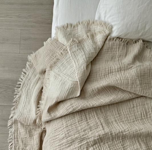 Jeté de lit mousseline gaufré| Beige sablé