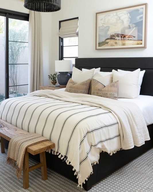 Bedspread - Herringbone Bedspread | Cream with Black Stripes