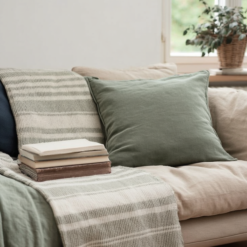 Jeté de lit - Plaid couvre-lit |  Rayures sable et crème