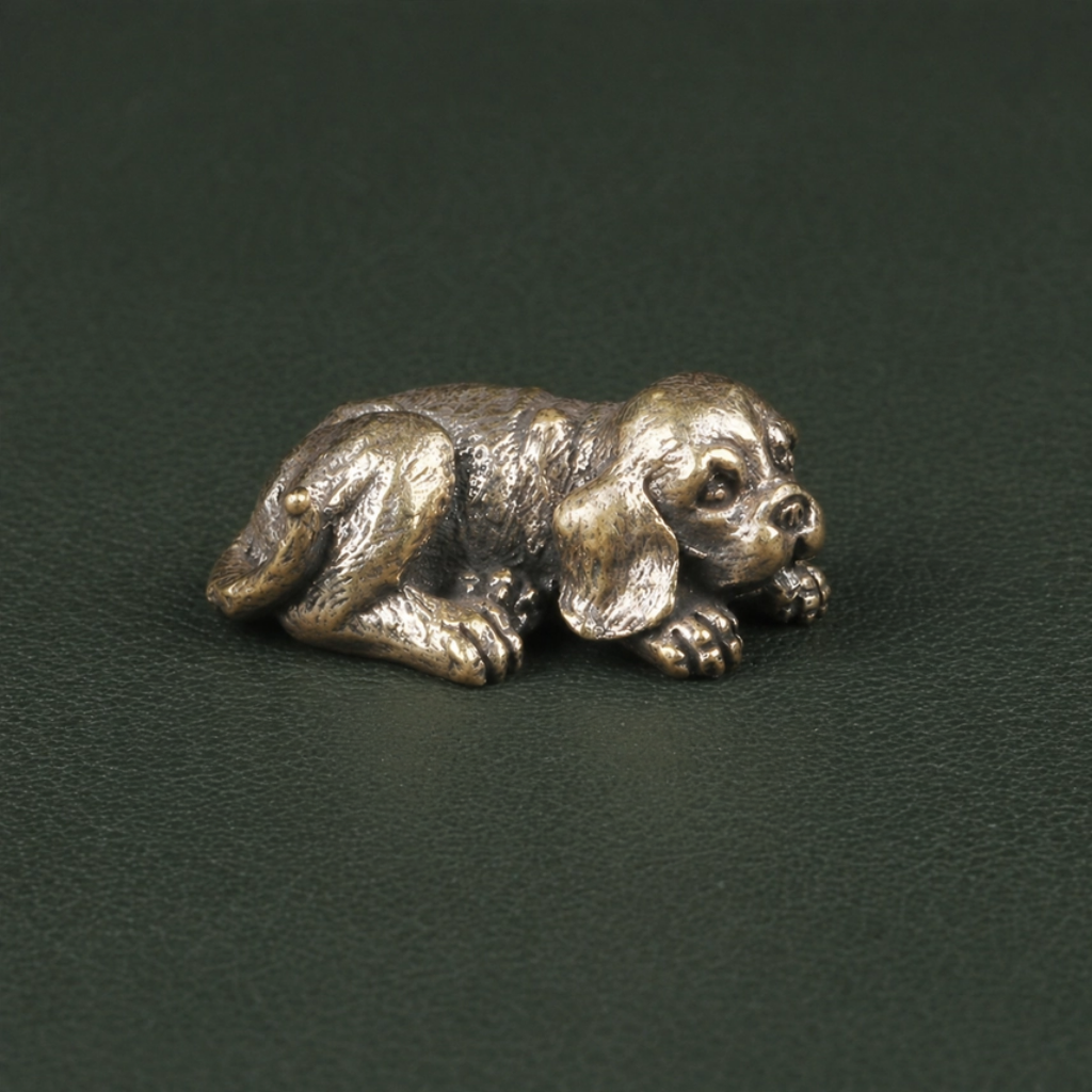 Trio figurines du Chiot en laiton antique | Collection "Porte-bonheur"