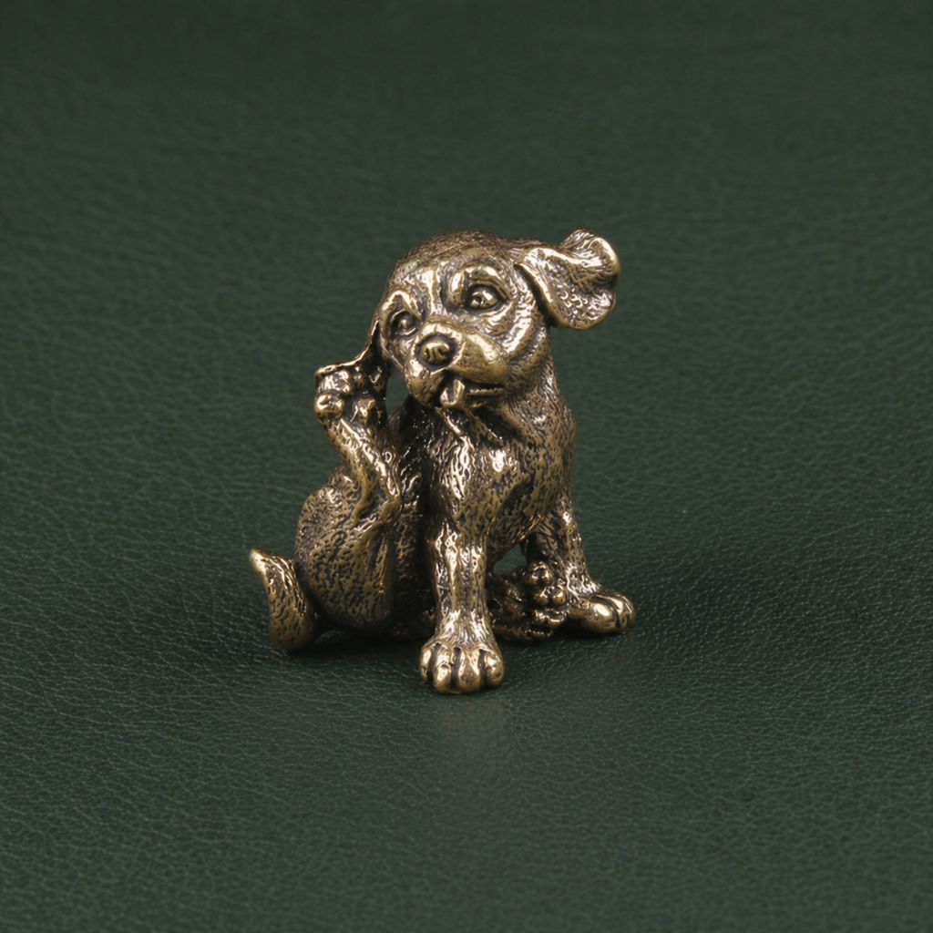 Trio figurines du Chiot en laiton antique | Collection "Porte-bonheur"