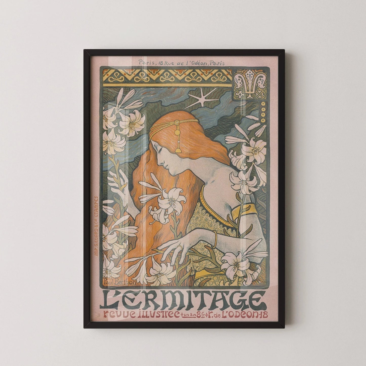 Paul Berthon - L'Ermitage Art Nouveau Print : Lignes fluides et lys