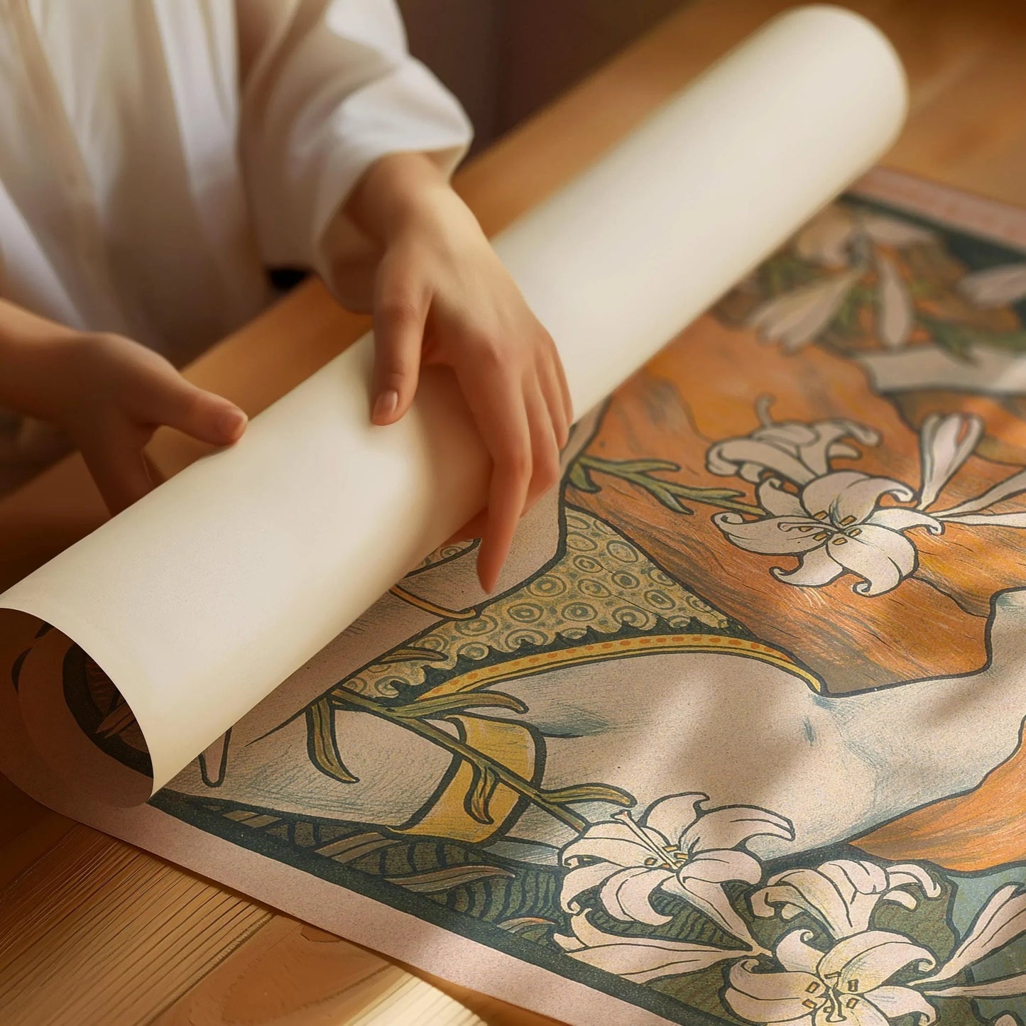 Paul Berthon - L'Ermitage Art Nouveau Print : Lignes fluides et lys