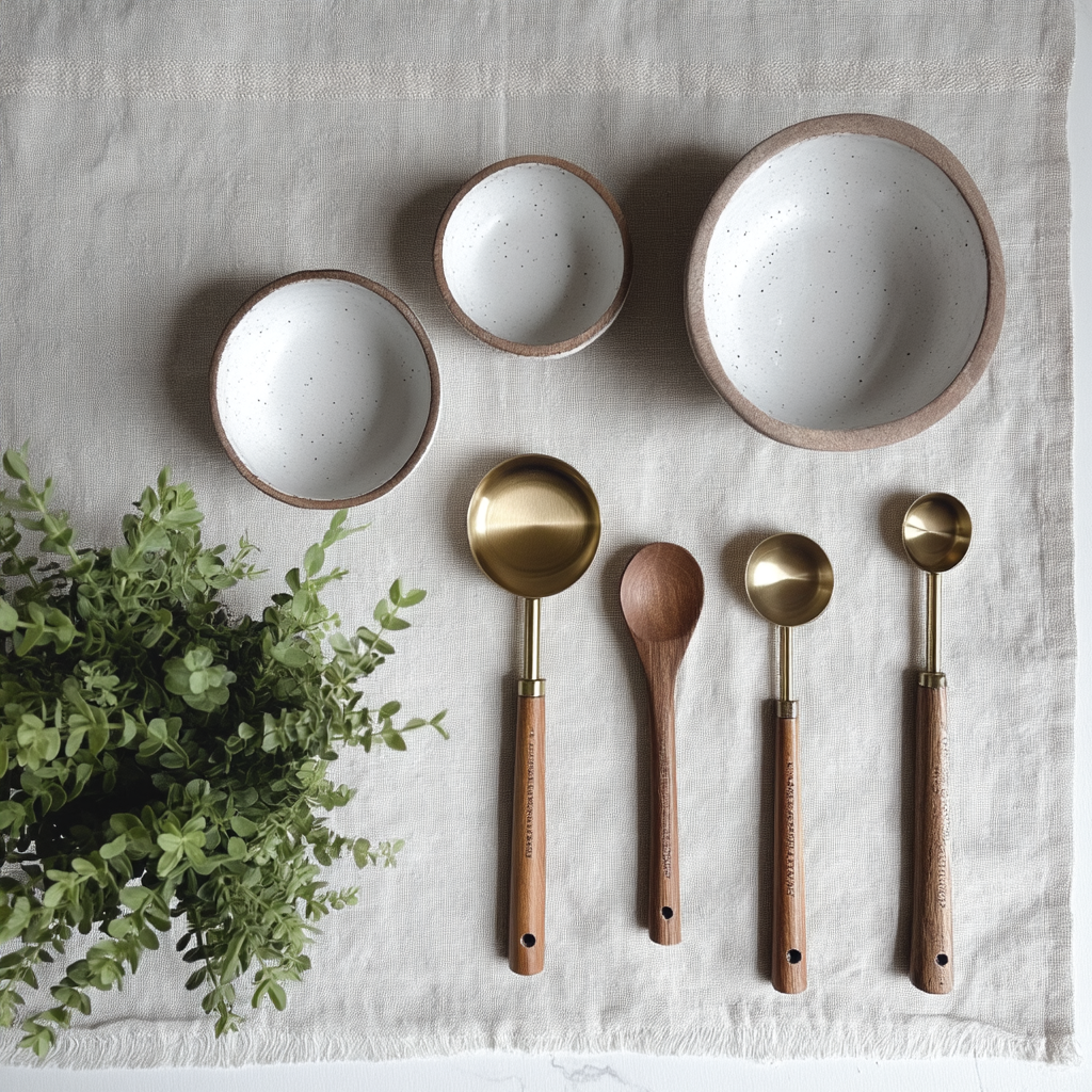Tasses à mesurer en bois et or | Lot de 8